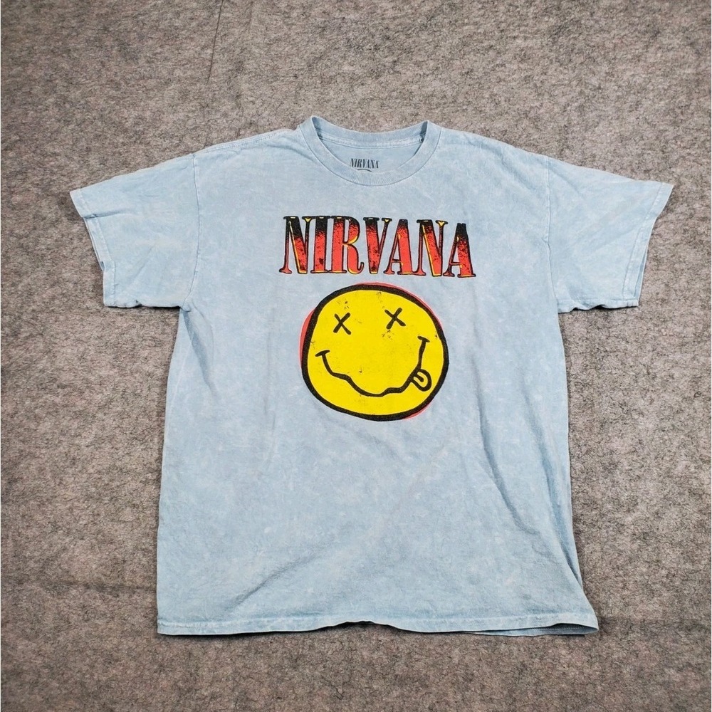 Nirvana Smiley Face‎ Grunge Blue T-Shirt Size Large Short Sleeve Stains